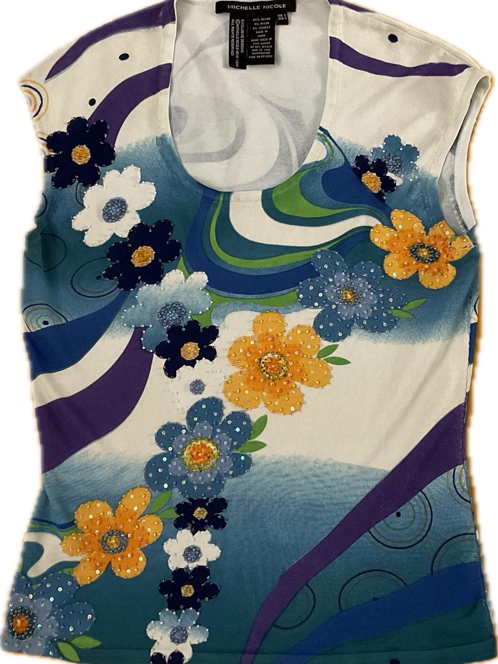Michelle Nicole Multicolor Floral Beaded Scoop Neck Top - Size Small